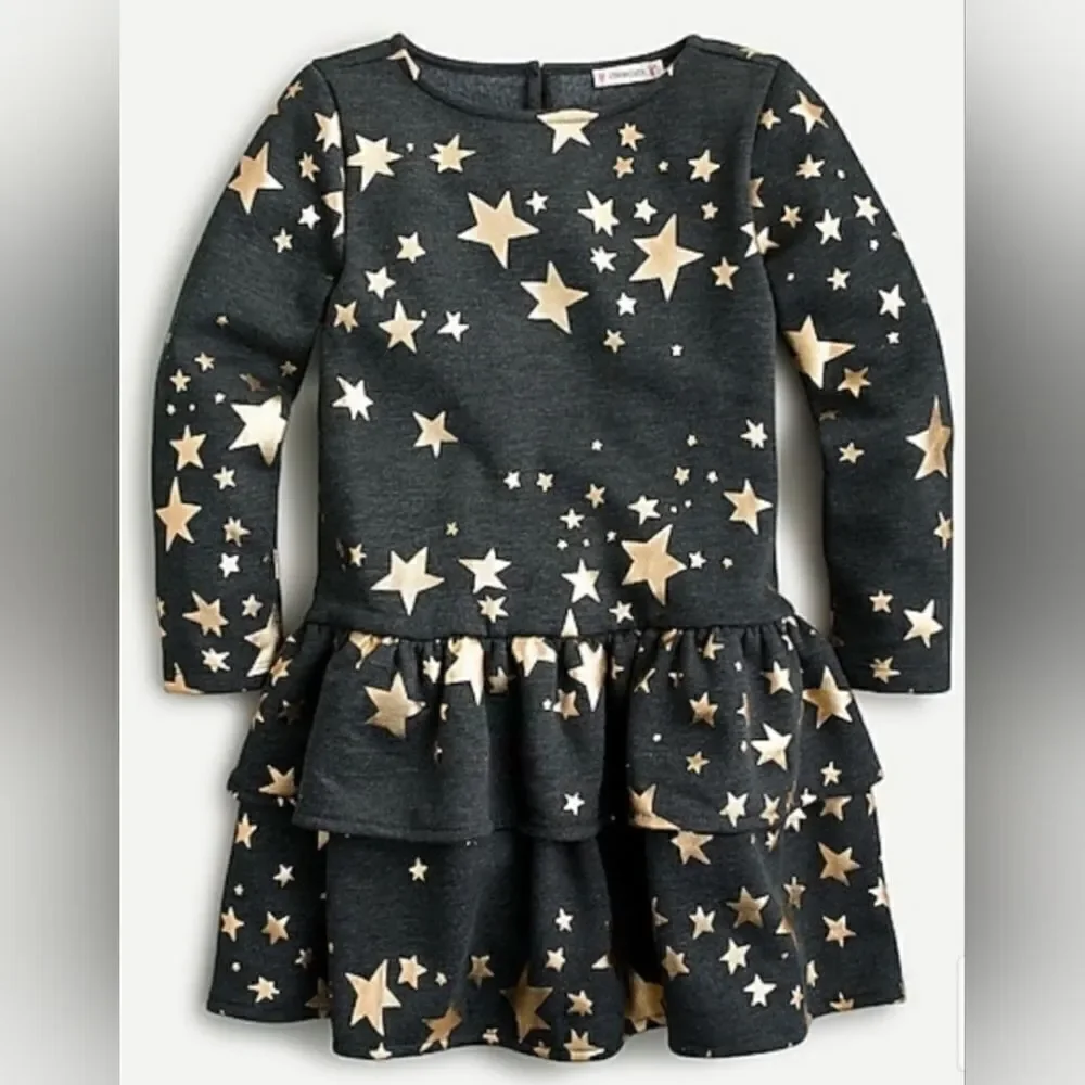CREWCUTS Girls' Gold Stars‎ Tiered Fleece Dress - Size Large